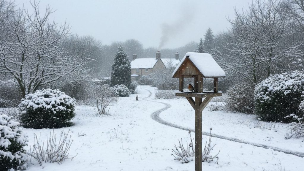 Small garden bird perched on a seed feeder in a snowy winter garden.