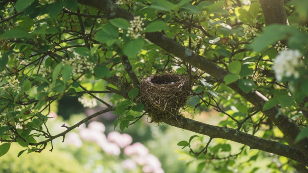 A small bird’s nest nestled in the branches of a tree, surrounded by fresh green leaves in spring