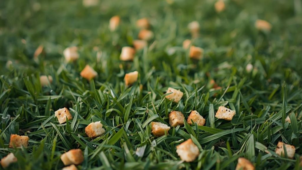 Pieces of bread on grass, an unhealthy food for garden birds.