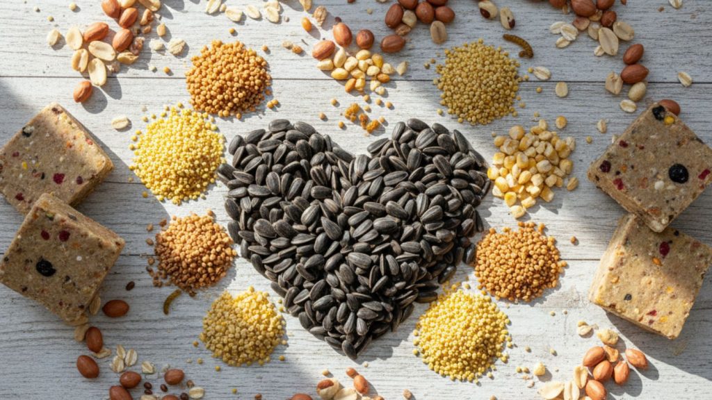 Mixed garden bird seed including sunflower hearts, black sunflower seeds and grains.