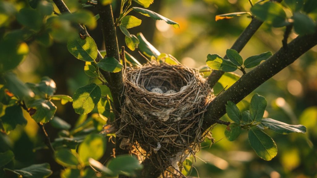 A garden bird's nest with eggs, surrounded by twigs and greenery in spring.