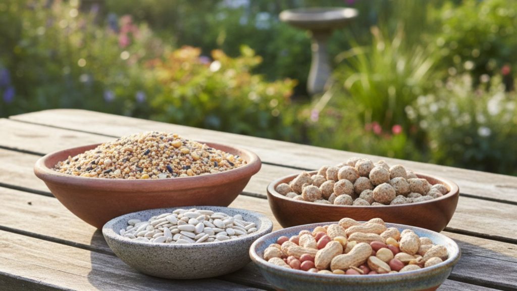 A variety of bird food, including seeds and nuts, ready to feed wild garden birds.