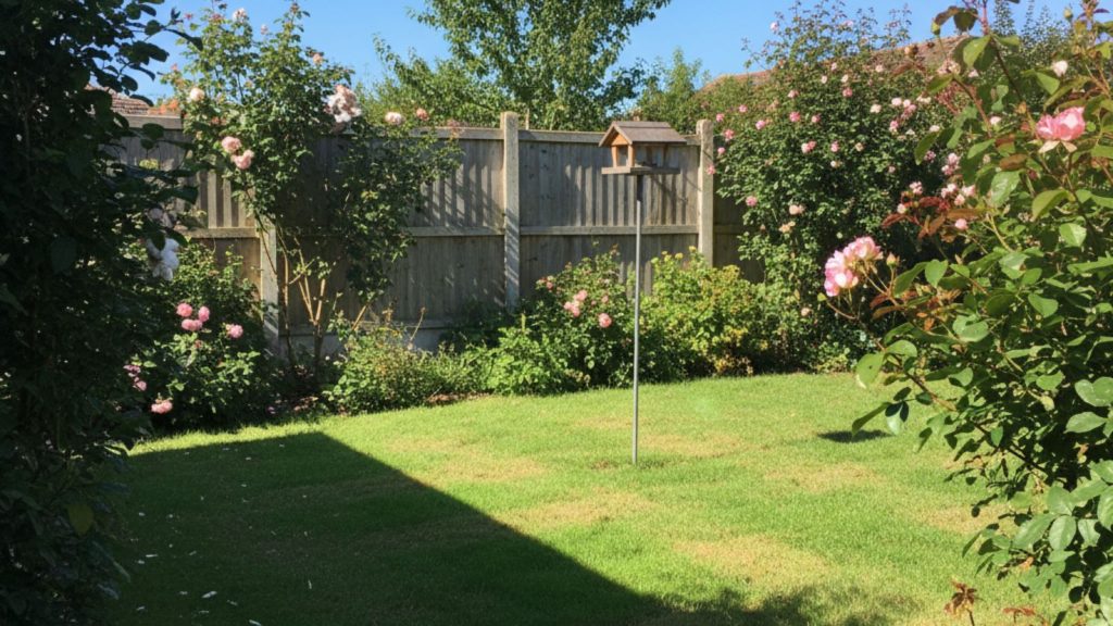 Quiet backyard garden with a wooden bird feeder among summer greenery.