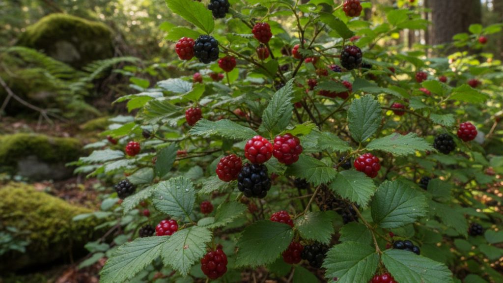 Cluster of ripe blackberries on a bush, ready for garden birds to eat.