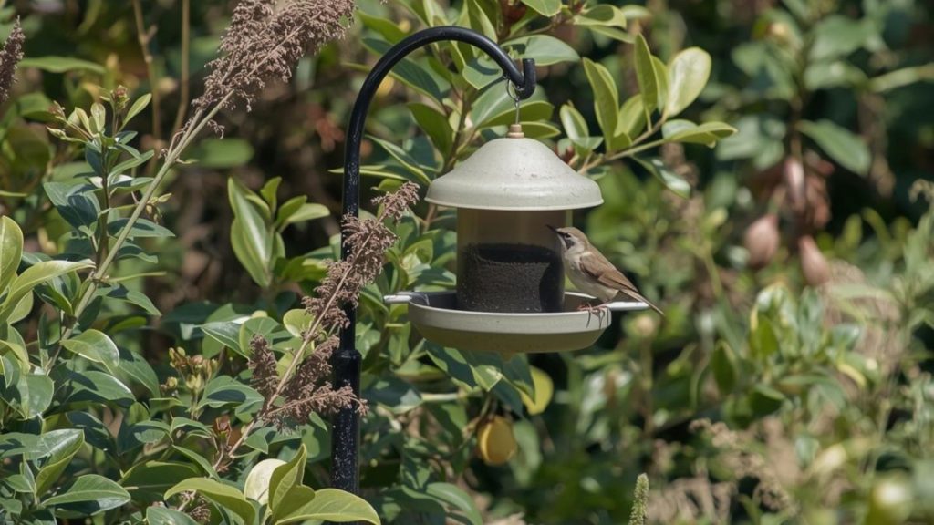 Small garden bird feeding from a seed feeder in a spring garden.