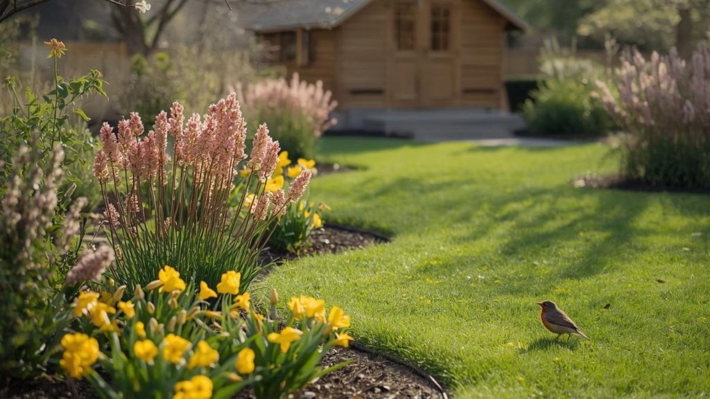 A small bird standing on green grass in a garden during spring.