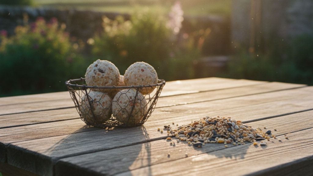 Suet balls and mixed bird seed displayed on a garden table for feeding garden birds.
