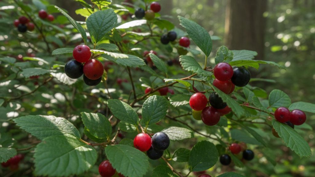 Wild berries hanging from a leafy branch, a natural food source for garden birds.