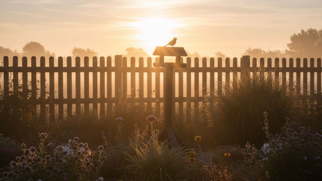 Garden bird feeder in late afternoon sunlight with small bird perched.