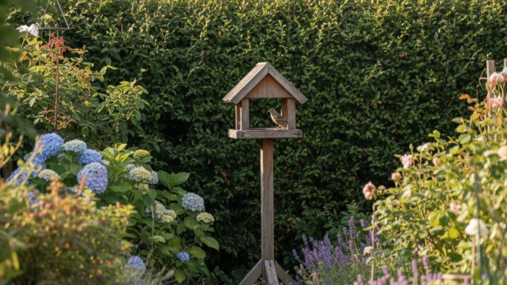 Small garden bird perched on a backyard bird feeder, scattering seed onto the ground while feeding.