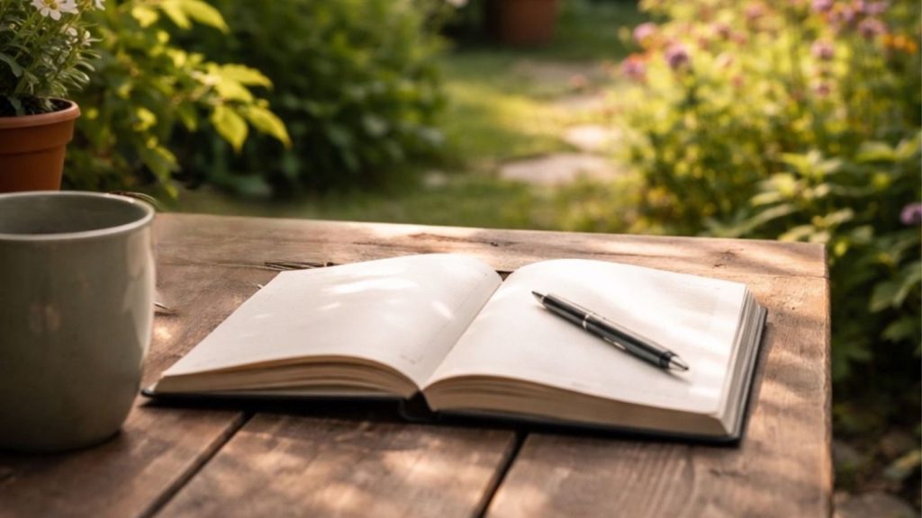 Notebook open in a garden, showing a birdwatching log in use.