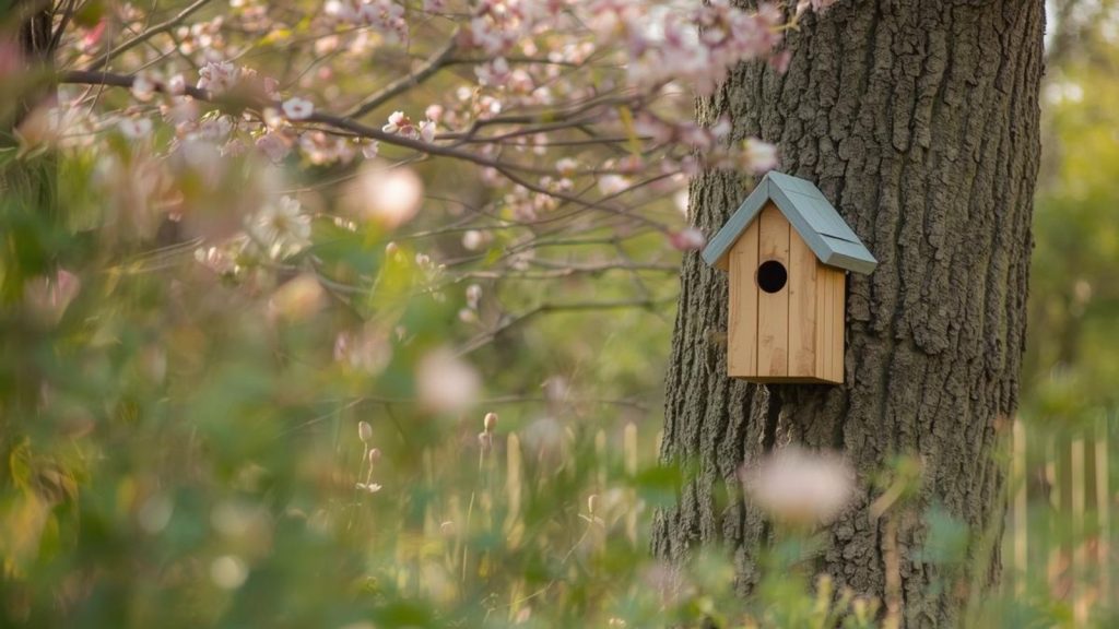 Garden bird nest box mounted on a tree. 