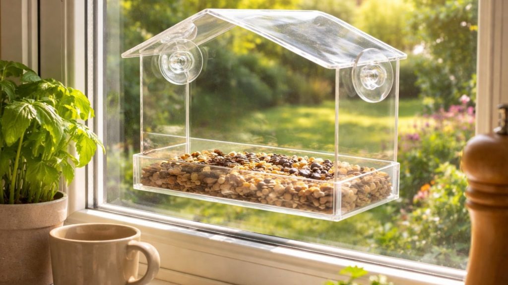 Window bird feeder mounted on a kitchen window filled with seed.