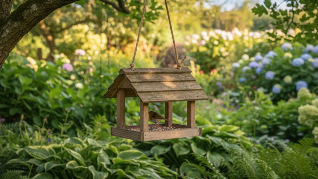 A robin perched on a wooden bird feeder in a relaxing garden. 