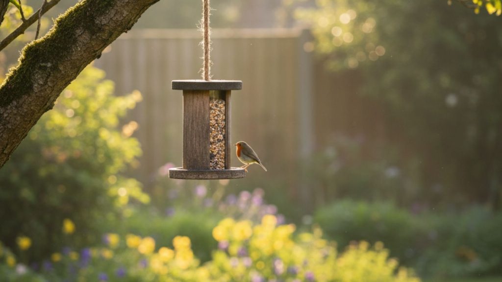UK garden with bird feeder attracting birds, beginner-friendly setup.