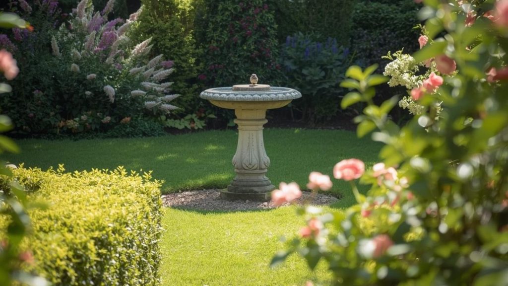 A small bird perched on a bird bath in a garden. 