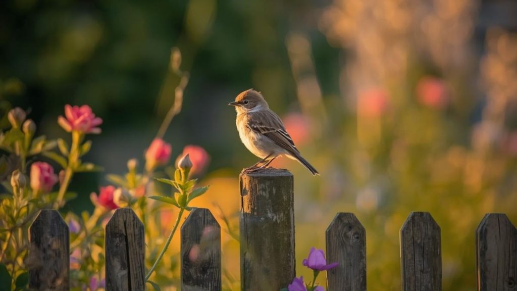 A garden bird perched on a fence/