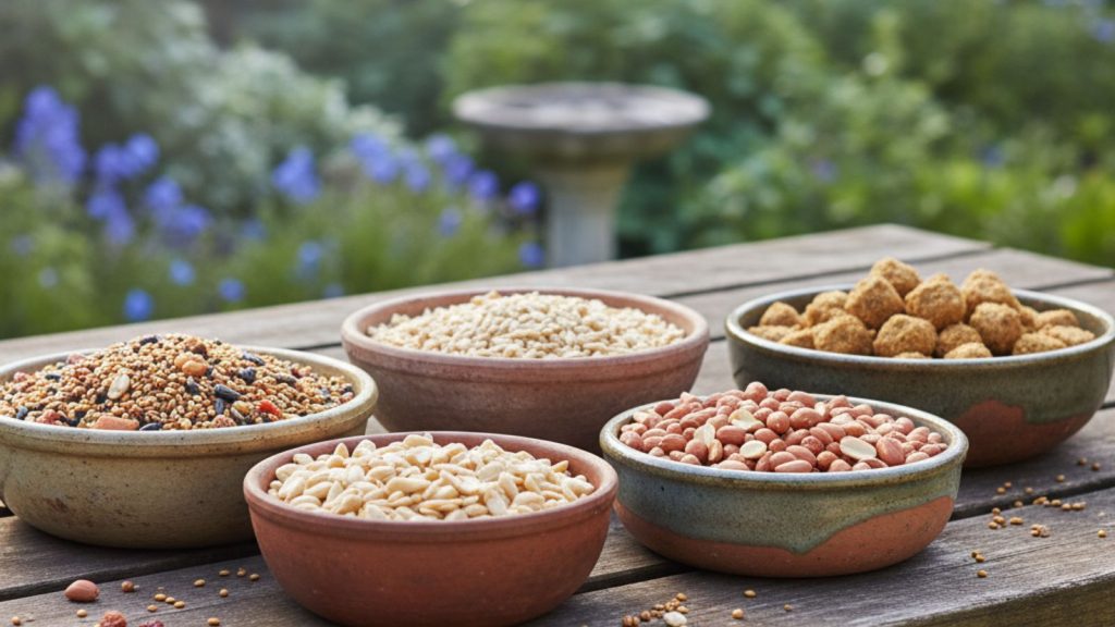 A selection of bird food including sunflower hearts and seeds attracting garden birds in a UK garden feeder.
